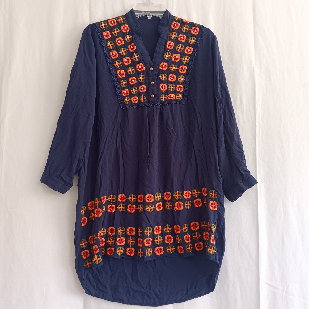 Li Yang Tunic Top Womens XL Navy Blue Embroidered Roll Tab Boho Blouse